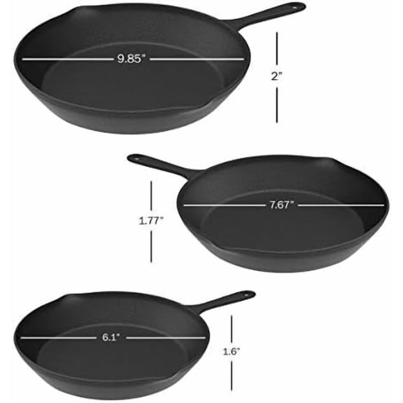 Frying Pans - Set of 3 Pre-Seasoned Cast Iron Skillets with 10-Inch, 8-Inch, and 6-Inch Sizes - Nonstick Camping Cookware by (Black)
