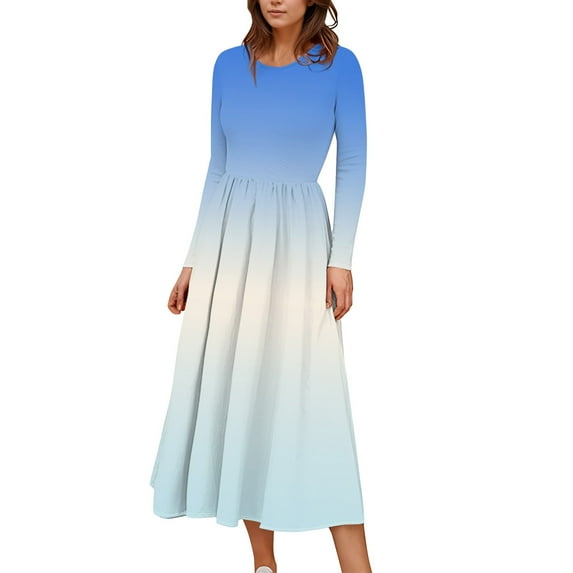 FrzhBrz 2025 Womens Plus Size Maxi Long Dress Long Sleeve Baggy Gradient Long T-Shirt Tunic Dress with Pockets