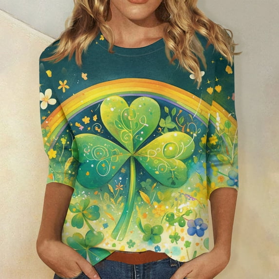 FrzhBrz 3/4 Sleeve Tops for Women Irish Lucky Clover St. Patricks Day Shirts for Women Crew Neck Pullover Graphic Tee Tops Saint Patricks Day T Shirts