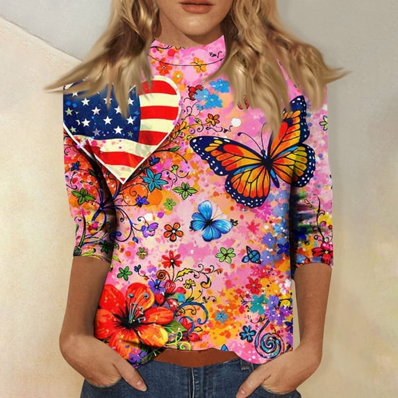 FrzhBrz 3/4 Sleeve Tops for Women US 250th Anniversary Shirt Women Crew Neck Pullover Vintage Flag Floral Graphic Tee Tops 4th of July T Shirts