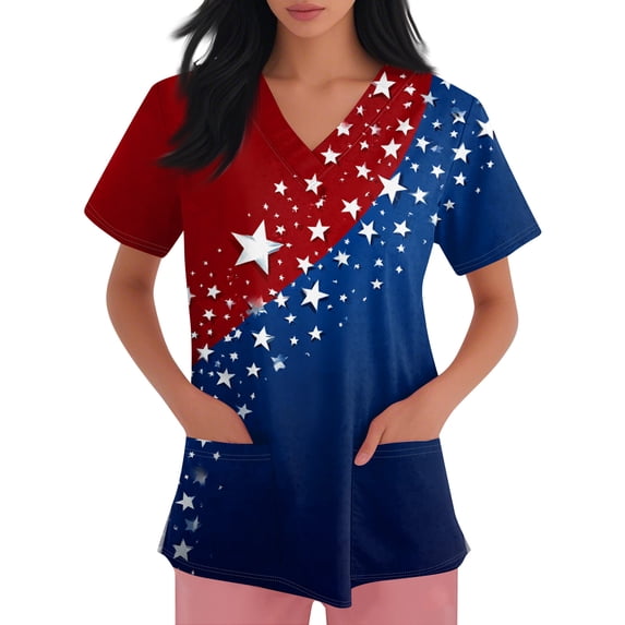 FrzhBrz 4th Of July Nursing Scrub Tops for Women 250th Anniversary Usa Flag Print Medical Nurse Short Sleeve V Neck Nursing Working Uniform with Pockets