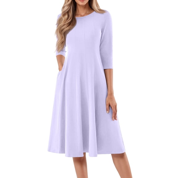 FrzhBrz A-Line Dresses for Women 2024 Casual Comfy Flared 3/4 Sleeve Solid Midi Dress