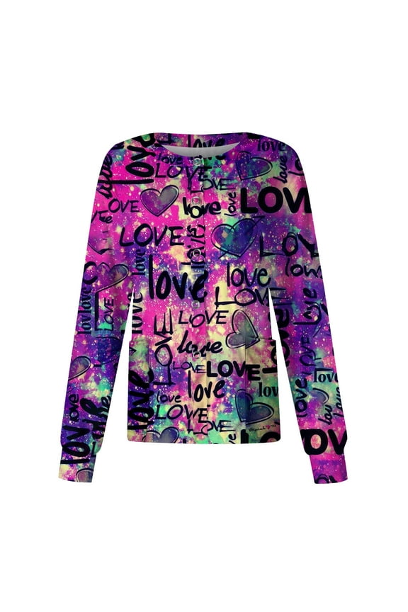 Button Down Long Sleeve Scrub Jackets for Women Valentines Day Printed Scrub Tops Snap Front Medical Nurse Scrubs Loose Working Uniform Fall Summer Workout Casual Scrub Shirts