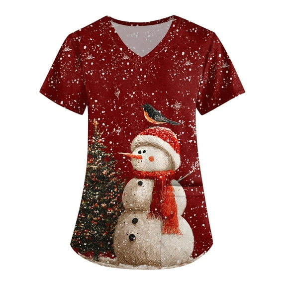 FrzhBrz Christmas Scrub Tops Women Xmas Snowflake Print Scrub Tops Plus Size Stretch Nursing Tops Soft Nurse Uniform with Pockets