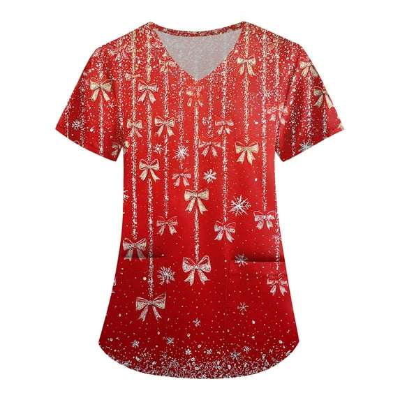 FrzhBrz Christmas Women's V-Neck Scrub Tops Short Sleeve Cute Snowman Printed Christmas Holiday Scrub Tops