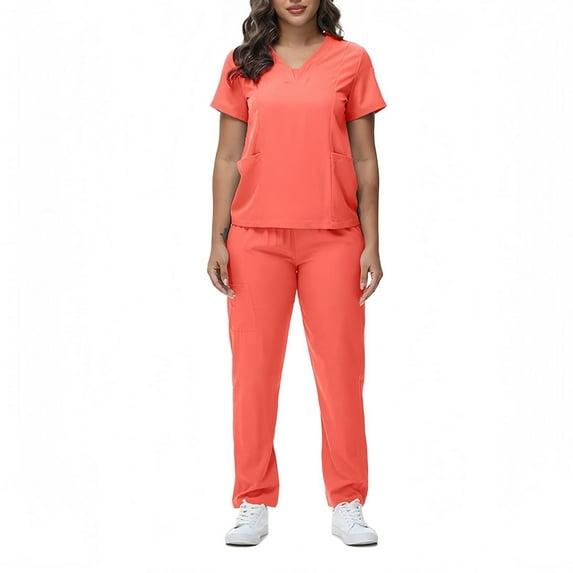 FrzhBrz Cozy Fit Women Scrub Set V Neck Short Sleeve Top and Pant Nursing Uniform Yoga Jogger Pocketed Nurse Workwear