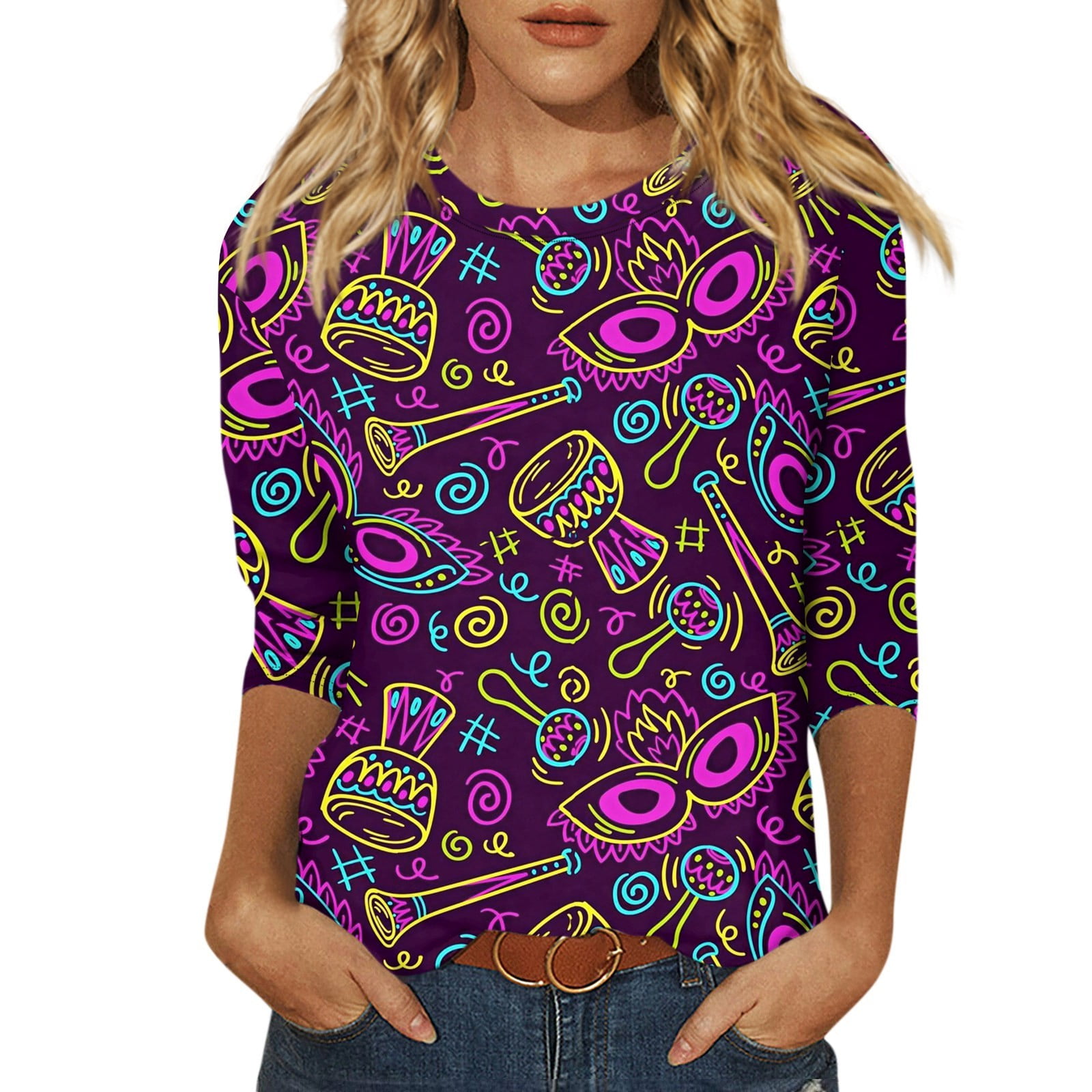 FrzhBrz Cute Mardi Gras Outfit for Women 3/4 Sleeve Mardi Gras Shirts ...