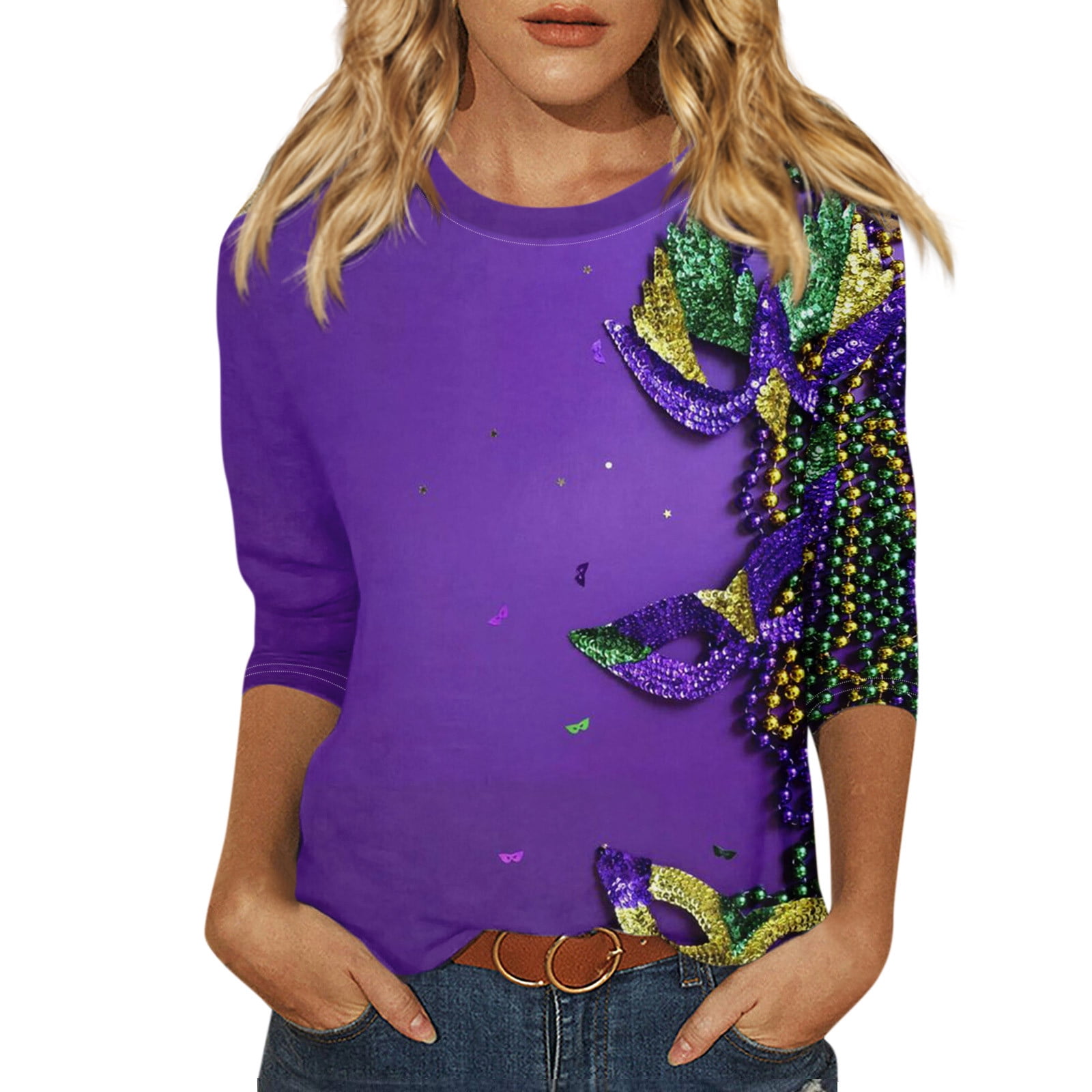 FrzhBrz Cute Mardi Gras Outfit for Women 3/4 Sleeve Mardi Gras Shirts ...