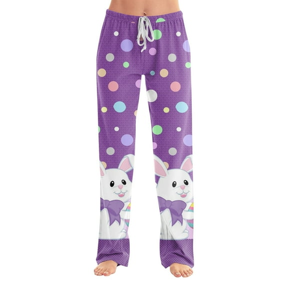 FrzhBrz Easter Pajama Pants Women Bunny Rabbit Graphic Pj Bottoms Easter Bunny Soft Wide Leg Drawstring Lounge Pants Sleepwear Bottoms