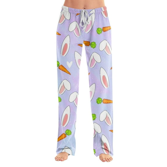 FrzhBrz Easter Pajama Pants Women Cute Bunny Pj Bottoms Cute Easter Graphic Comfy Wide Leg Drawstring Pajama Lounge Pants