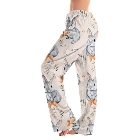 FrzhBrz Easter Pajama Pants Women Lightweight Wide Leg Pj Bottoms Cute Rabbit Graphic Stretch Pj Pants Drawstring Easter Sleepwear Bottoms Lounge