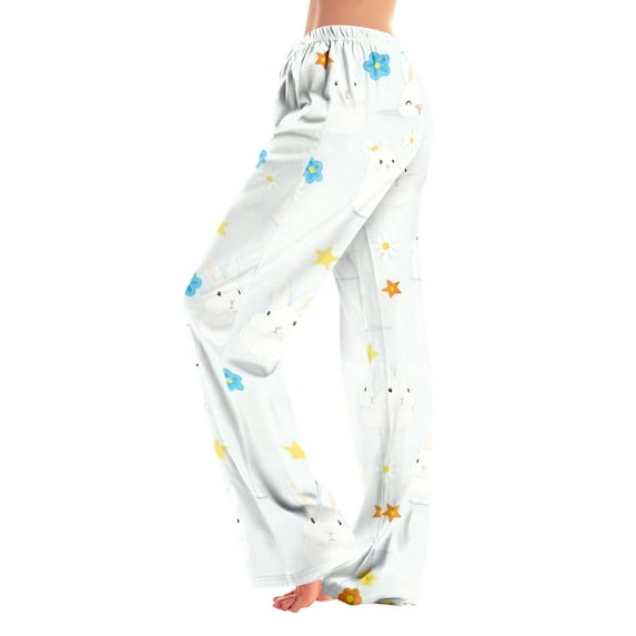 FrzhBrz Easter Pajama Pants Women Lightweight Wide Leg Pj Bottoms Cute Rabbit Graphic Stretch Pj Pants Drawstring Easter Sleepwear Bottoms Lounge