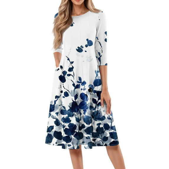 FrzhBrz Fall Dresses 3/4 Sleeve Round Neck Dress Casual Dresses Trendy Floral Printed Dress Fitted Retro Clothing