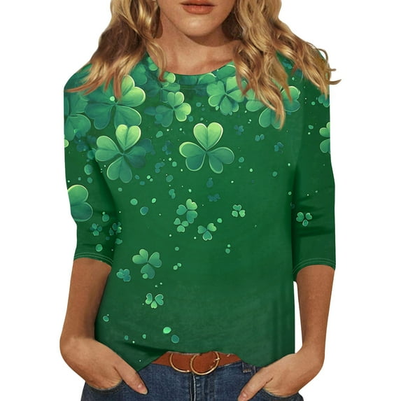 FrzhBrz Green Clover Shamrock St. Patricks Day Shirts for Women Womens 3/4 Sleeve Tops Crew Neck Funny Tunic Tops for Women Plus Size St Patricks Day Outfits