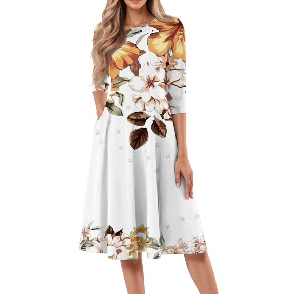 FrzhBrz Long Sleeve Dresses for Women 2025 Casual Cute Midi Dress Round Neck Cute Printed Loose Fit Midi Dress