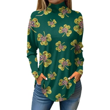 FrzhBrz Long Sleeve T Shirt Women St Patricks Day Mock Turtle Necks Graphic Holiday Tee Tops Funny Cute Shamrock Print Teacher Saint Patricks Day Shirts