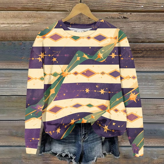 FrzhBrz Mar-di Gras T Shirts for Women 2025 Trendy Long Sleeve Mar-di Gras Tops Crew Neck Pullover Graphic Mask Printed Party Blouses Holiday Shirts