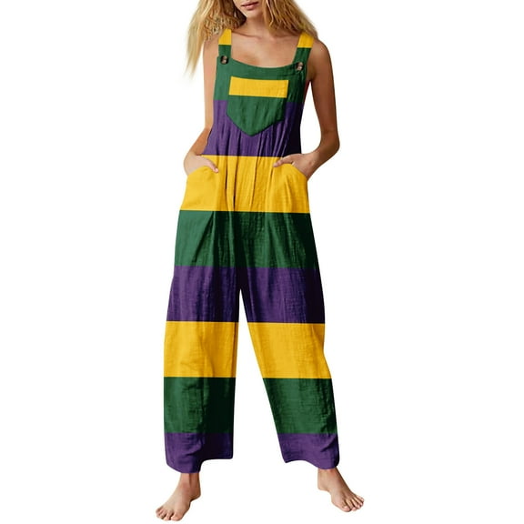 FrzhBrz Women's Mardi Gras Jumpsuits Plus Size Loose Baggy Jumpsuit for Women Mardi Gras Jumper Sleeveless Fashion Lounge Pants