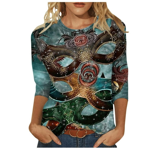 FrzhBrz Mardi Gras Shirts for Women 2025 Trendy 3/4 Sleeve Mardi Gras Tops Crew Neck Pullover Graphic Mask Printed Carnival Themed Costumes Party Shirts
