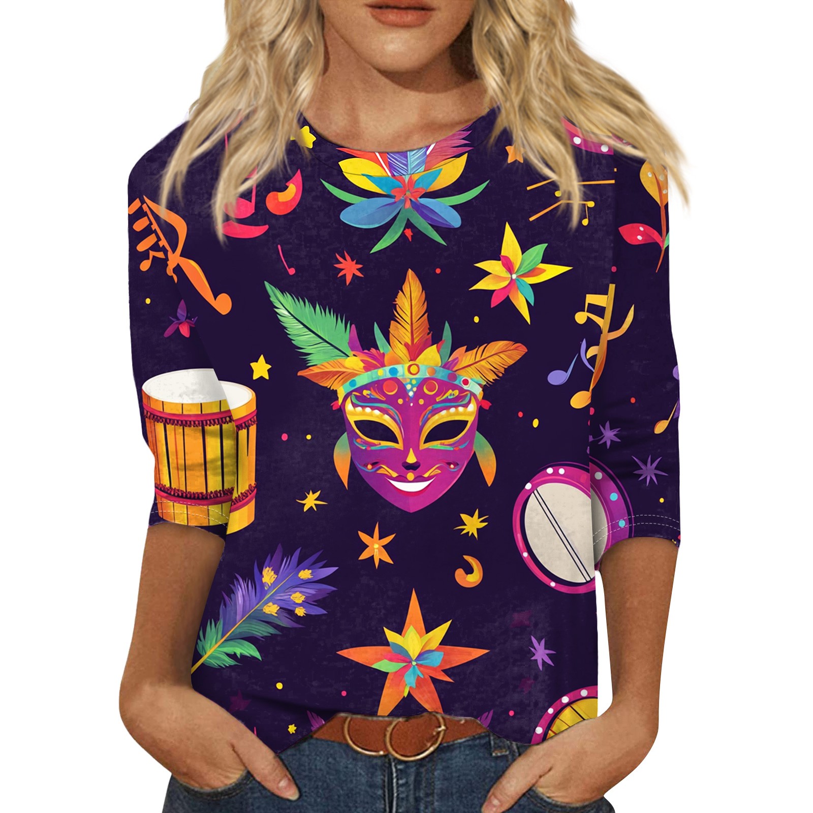 FrzhBrz Mardi Gras Shirts for Women 3/4 Length Sleeve Womens Tops 2025