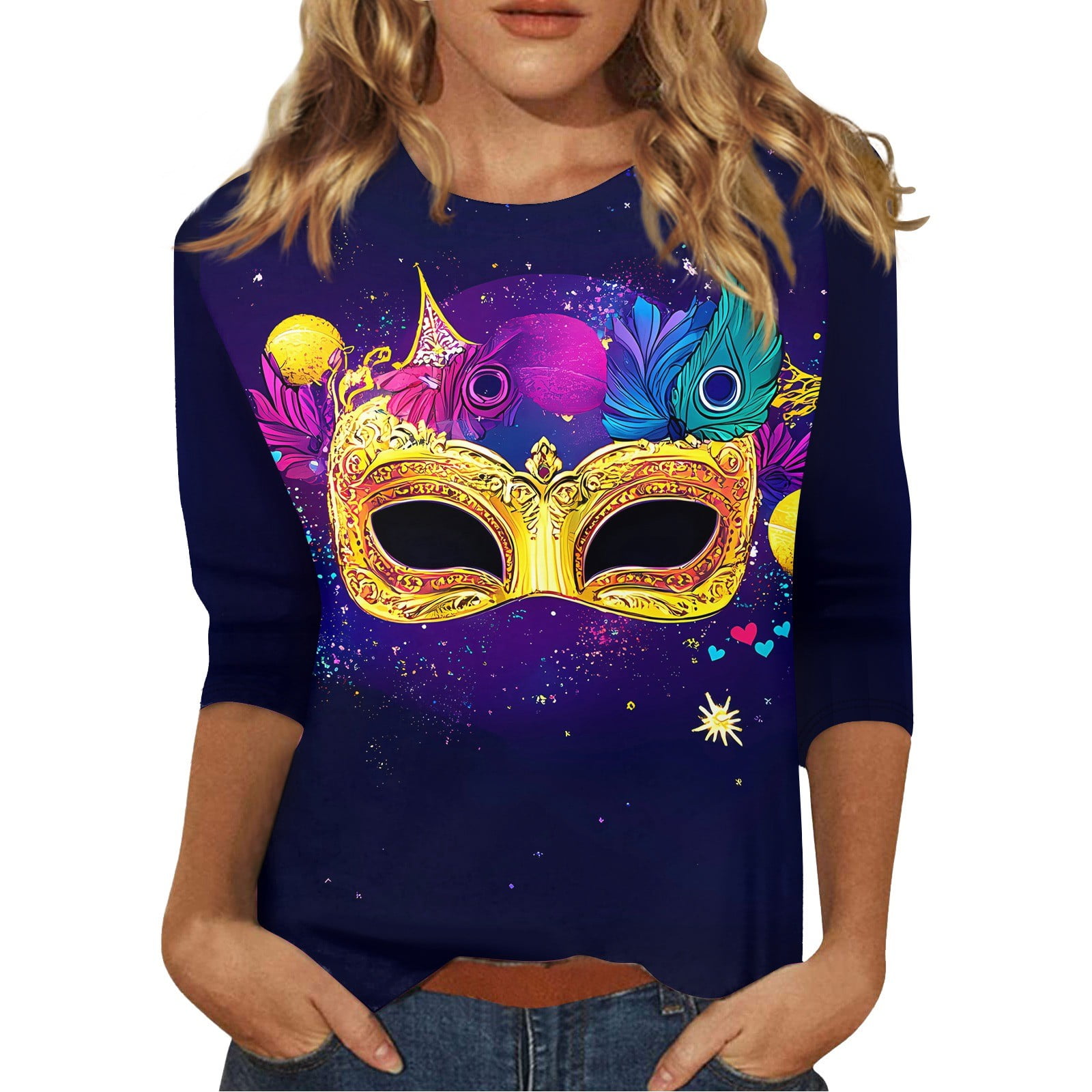 FrzhBrz Mardi Gras T Shirts for Women 3/4 Sleeve Tops for Women 2025 ...