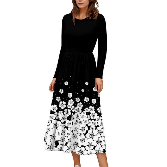 FrzhBrz Maxi Dresses for Women Casual Crew Neck Long Sleeve Floral Print Vintage Dress