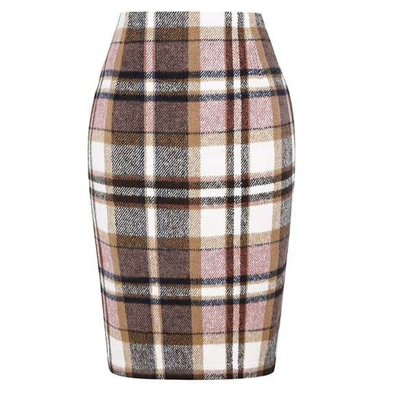 FrzhBrz Midi Plaid Skirts for Women 2025 Fall Winter Knee Length Pencil Wool Skirt with Slit