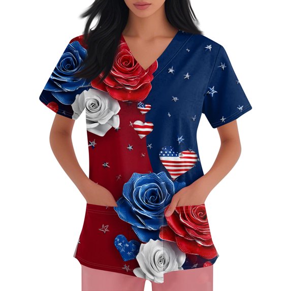 FrzhBrz Patriotic Scrub Tops Women 4th of July American Flag Stars Stripes Nurse Uniforms Trendy V Neck Side Slits Scrub Shirt Holiday Short Sleeve Medical Workwear with Pockets