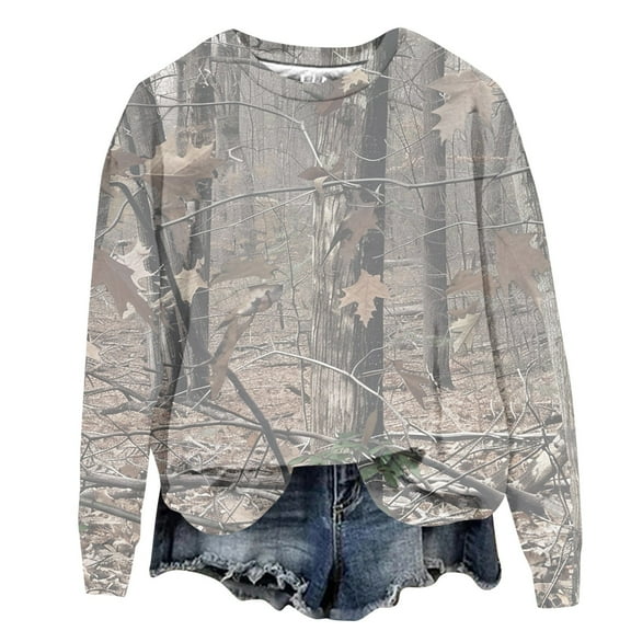 FrzhBrz Plus Size Camo Hoodie for Women Casual Long Sleeve Sweatshirts Leaf Print Crewneck Hoodies Loose Fit Sweaters Pullover Fall Outfits