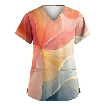 FrzhBrz Print Scrub Tops Women Summer Casual Working Nurse Uniforms V Neck Graphic Floral Print Nursing Short Sleeve Tee Tops Workwear with Pockets