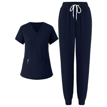 FrzhBrz Scrub Sets for Women Fall Scrub Sets Cozy Fit V-Neck Top & Jogger Ribbed Drawstring Pants Pocketed Nurse Uniform
