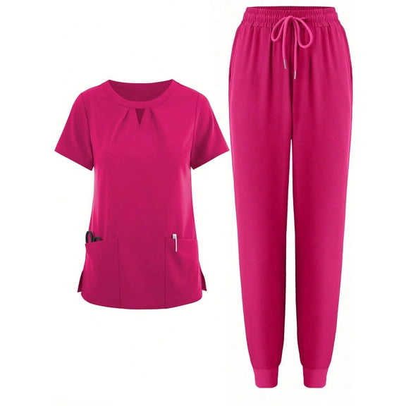 FrzhBrz Scrub Sets for Women V Neck Pocket Short Sleeve Top & Drawstring Jogger Suit Pants Nurse Uniform Yoga Nursing Uniform