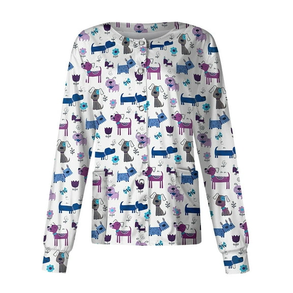 FrzhBrz Scrub Tops Women Snap Front Long Sleeve Scrub Jackets for Women Cute Printed Medical Scrubs Nurse Shirt Working Uniform