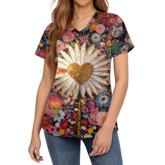 FrzhBrz Scrub Tops Women Valentines Day Love Heart Print 2025 V Neck Style Fun Valentine's Day Holiday Nurse Working Uniforms
