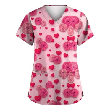 FrzhBrz Scrub Tops Women Valentines Day Love Heart Print V-Neck Scrub Top Valentine's Day Summer Working Shirts