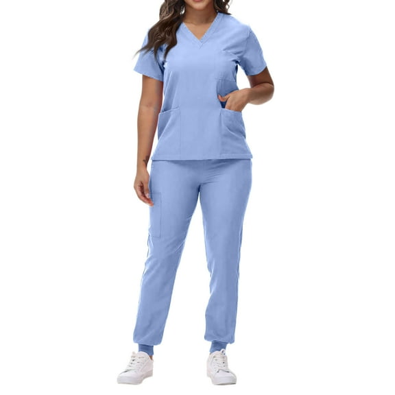 FrzhBrz Scrubs Set for Women Stretch Short Sleeve Top & Pants Nursing Uniform Comfortable Athletic Pocketed Easy Care Uniform