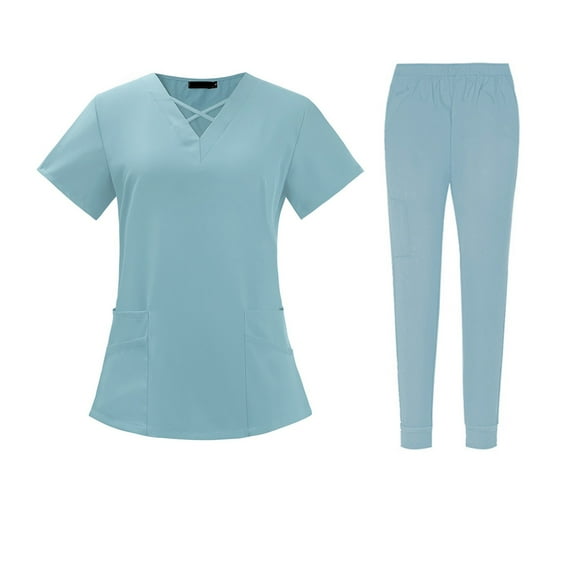FrzhBrz Scrubs Set for Women Stretch Short Sleeve Top & Pants Nursing Uniform Comfortable Athletic Pocketed Easy Care Uniform