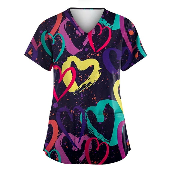 FrzhBrz Scrubs Tops for Women Valentine's Day Scrub Nursing Shirts for Women Stretchy Breathable Cute Print Valentine Nursing Overall Outfits