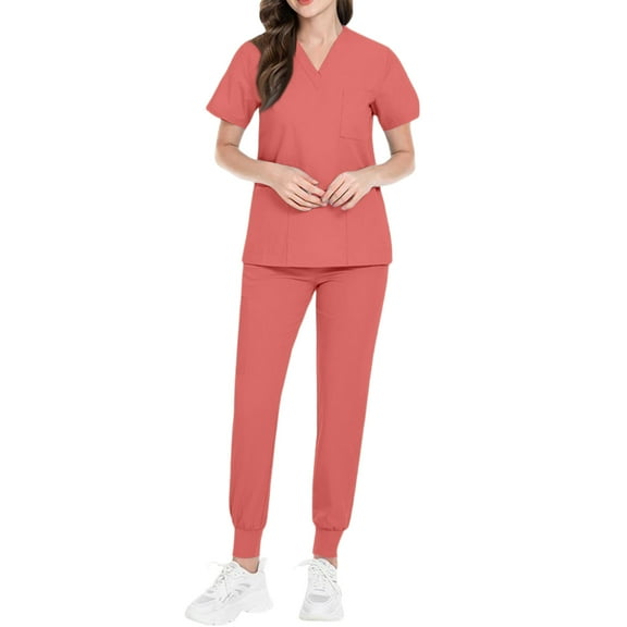 FrzhBrz Solid Scrub Set for Women Plus Size Jogger Pant and V-Neck Top Cozy Fit Scrubs Set with Pockets