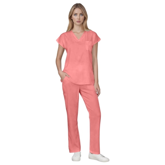 FrzhBrz Solid Scrub Set for Women Slim Fit Crossing Pocket Top & Drawstring Jogger Pants Medical Scrubs Set