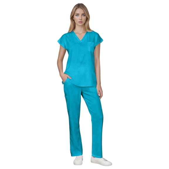 FrzhBrz Solid Scrub Set for Women Slim Fit Crossing Pocket Top & Drawstring Jogger Pants Medical Scrubs Set