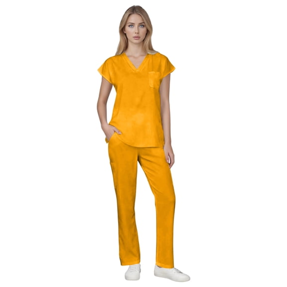 FrzhBrz Solid Scrub Set for Women Slim Fit Crossing Pocket Top & Drawstring Jogger Pants Medical Scrubs Set