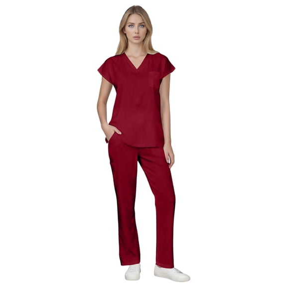 FrzhBrz Solid Scrub Set for Women Slim Fit Crossing Pocket Top & Drawstring Jogger Pants Medical Scrubs Set