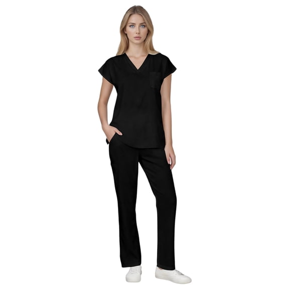FrzhBrz Solid Scrub Set for Women Slim Fit Crossing Pocket Top & Drawstring Jogger Pants Medical Scrubs Set
