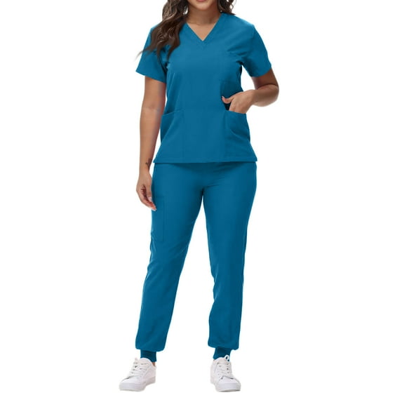 FrzhBrz Solid Scrub Set for Women Slim Fit Crossing Pocket Top & Jogger Pants Medical Scrubs Set