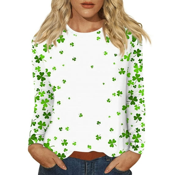 FrzhBrz St Patricks Day Shirt Women Long Sleeve Crew Neck Graphic Holiday Tee Tops Loose Fit Dressy Shamrock Print Teacher Saint Patricks Day Shirts