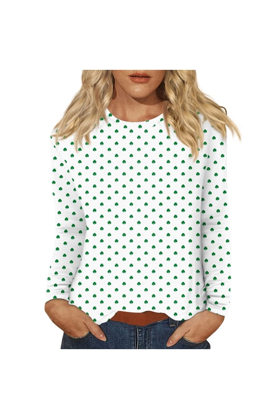 St. Patricks Day Shirts for Women Long Sleeve Crew Neck Graphic Holiday Tee Tops Funny Cute Shamrock Clover Plus Size Saint Patricks Day Shirts