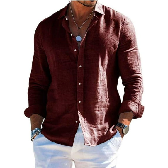 Mens Long Casual Sleeve Cotton Linen Shirts Buttons Down Solid Plain Roll-Up Sleeve Summer Beach Shirts for Men