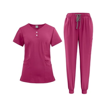FrzhBrz Stretch Scrubs for Women V Neck Short Sleeve Top and Drawstring Pant Medical Scrub Sets Classic Pocket Easy Care Uniform