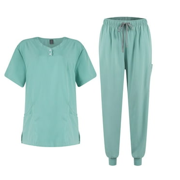 FrzhBrz Stretch Scrubs for Women V Neck Short Sleeve Top and Drawstring Pant Medical Scrub Sets Classic Pocket Easy Care Uniform